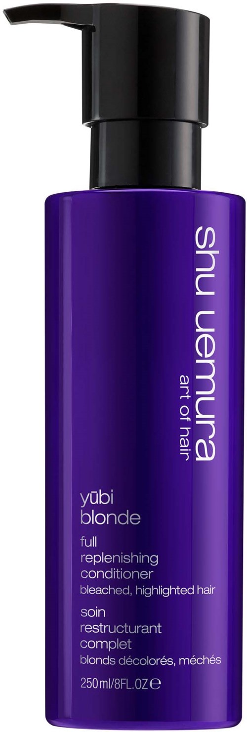 Eine lila Flasche mit Shu Uemura Haarconditioner und schwarzem Pumpkopf, 250 ml.