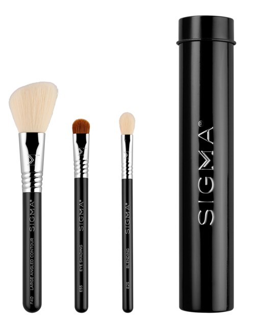 Four makeup brushes of different sizes and a black cylindrical case. The brushes have black handles and soft bristles.