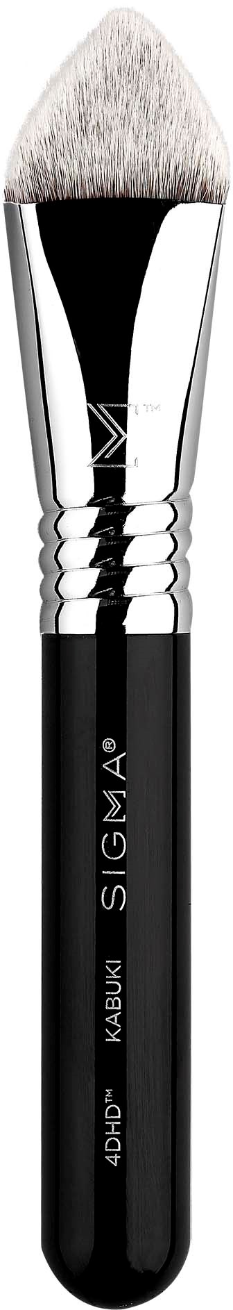 A black and silver makeup brush with soft white bristles and the Sigma logo on the handle.