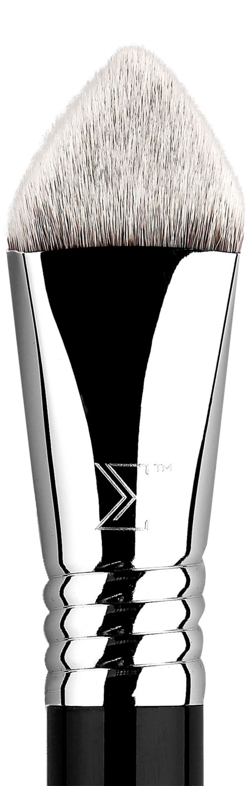 A makeup brush with a shiny silver handle and white bristles.
