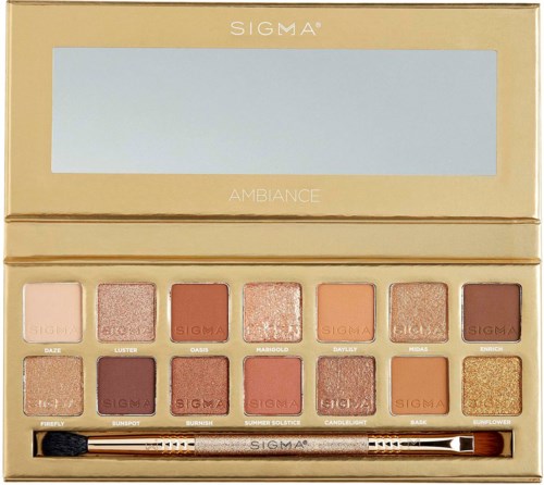 Eyeshadow palette with warm shades, some matte and shimmery. Includes brush and a gold-colored box.