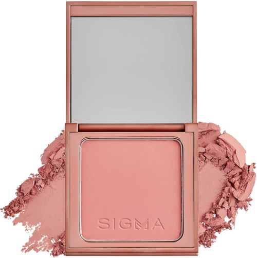 Pink compact makeup powder case with brand name 'SIGMA' and crushed powder around it.