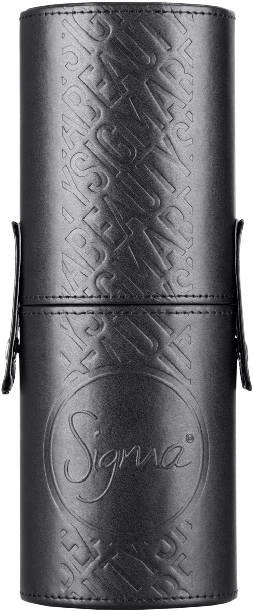A black cylindrical case with embossed words and a signature logo reading 'Sigma' on the lower part.