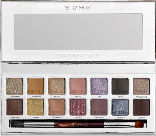 A makeup palette with 12 eyeshadow colors and two applicator brushes, labeled 'Cool Neutrals' and 'Sigma' logo.