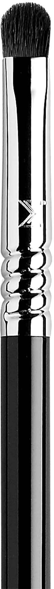 A black and silver makeup brush with a fluffy tip. The background is black, making the brush stand out.