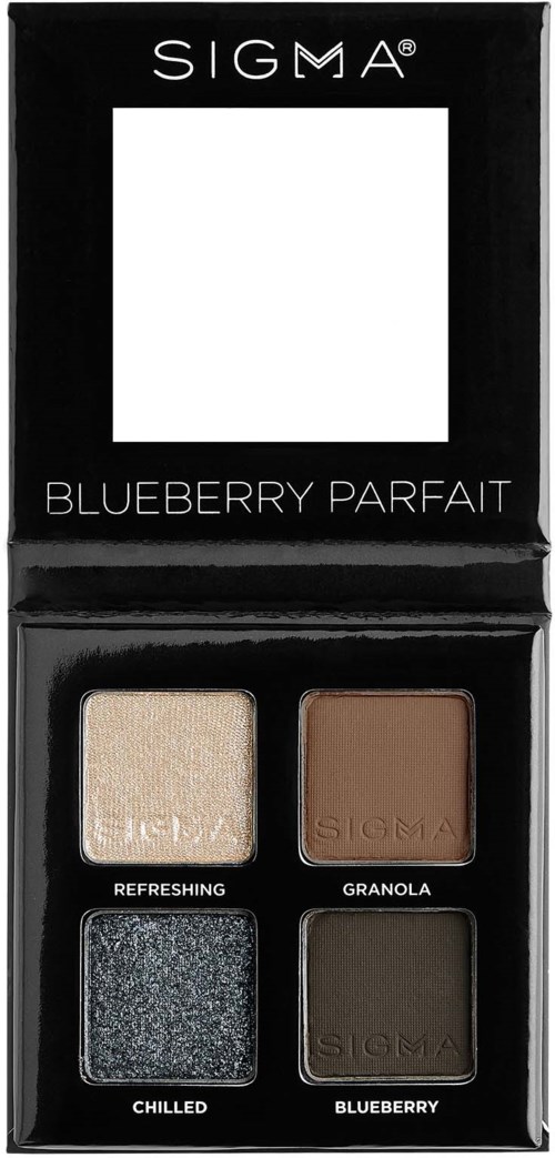 A black makeup palette with four sections: light beige, brown, dark gray shimmer, and olive green, labeled Sigma Blueberry Parfait.