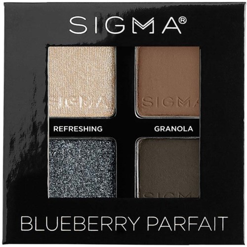 A makeup palette with four eyeshadow shades: light shimmer, brown, sparkly blue, and matte dark brown.