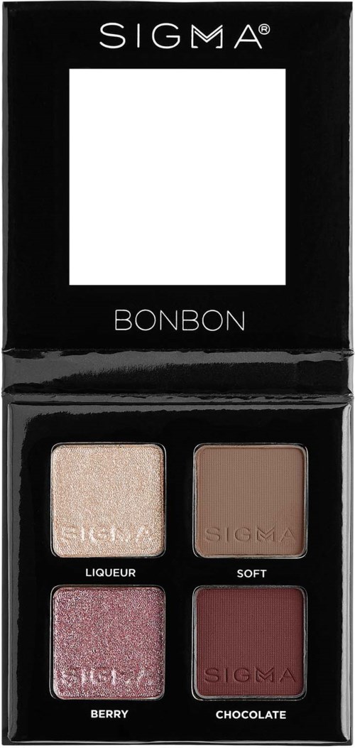 A black box with four eyeshadow colors named Liqueur, Soft, Berry, and Chocolate inside.