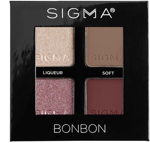 A black box contains four makeup shades: glittery beige, matte brown, pink glitter, and deep red. Sigma Bonbon is written.