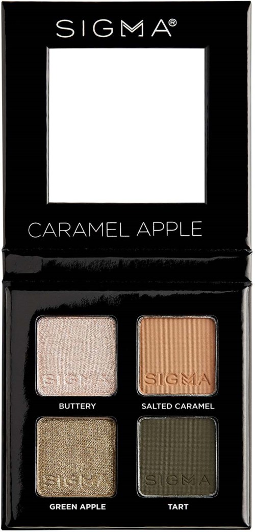 A black makeup palette with four eyeshadows named Buttery, Salted Caramel, Green Apple, and Tart.