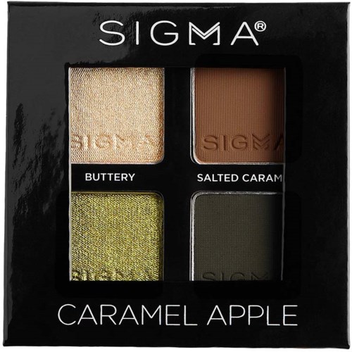 Four eyeshadow pans in a black box, labeled Butter, Salted Caramel, Green, and Dark. Brand name Sigma and flavor name Caramel Apple.