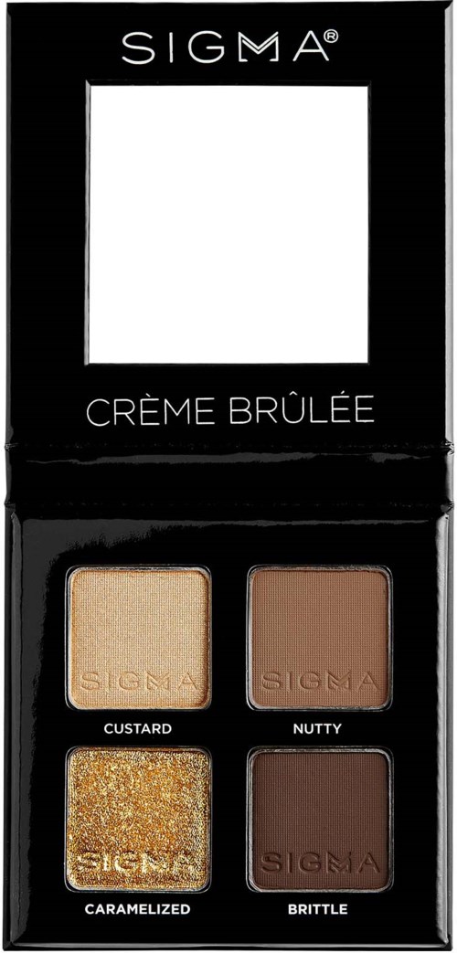 A black box with four makeup shades: Custard, Nutty, Caramelized, Bittle, and a space at the top for a mirror.