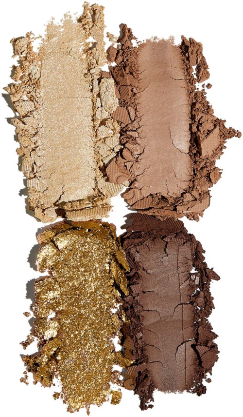 Four makeup shadow swatches in beige, brown, gold, and darker brown are shown, cracked and textured.