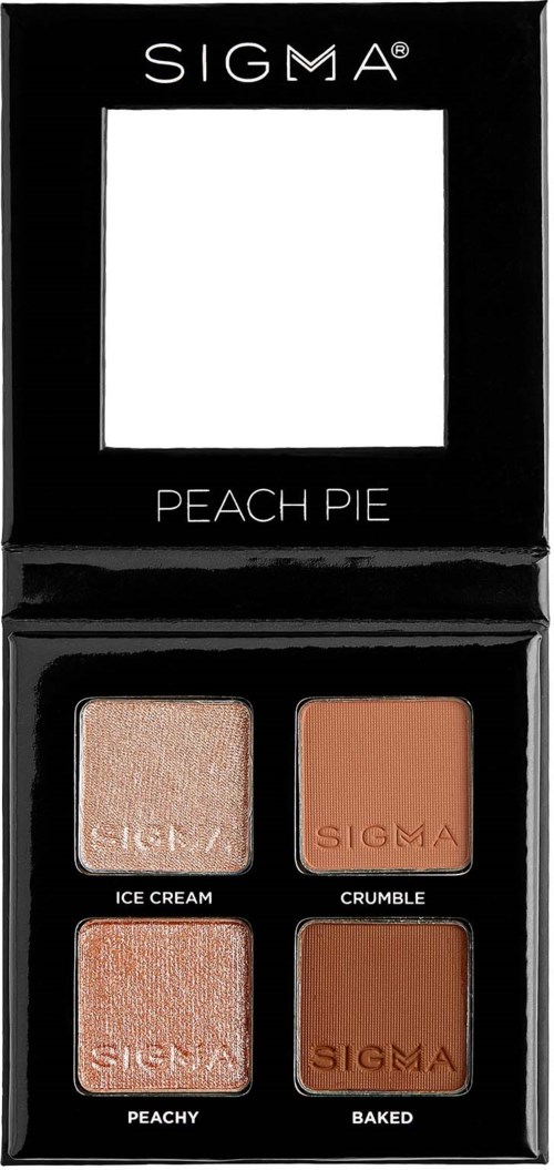 Cosmetic palette with four peach-colored makeup shades labeled Ice Cream, Crumble, Peachy, and Baked.
