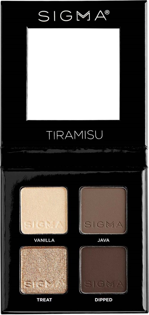 A black packaging box with the brand 'SIGMA' and the word 'TIRAMISU'. Four eyeshadow colors: Vanilla, Java, Treat, Dipped.