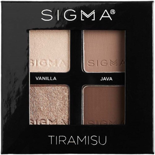 A makeup palette with four shades named Vanilla, Java, Tiramisu, and a shimmer shade.