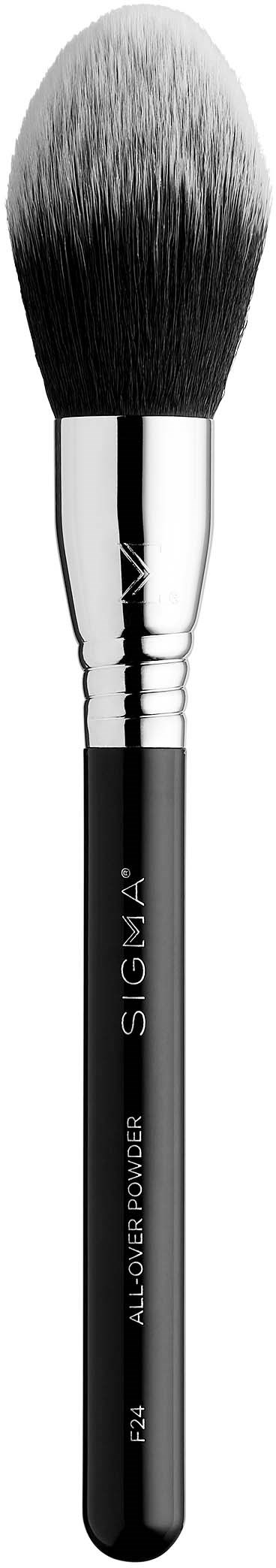Een zwarte make-up kwast met zilveren handvat en zachte haren, gemerkt Sigma. Het lijkt gebruikt.