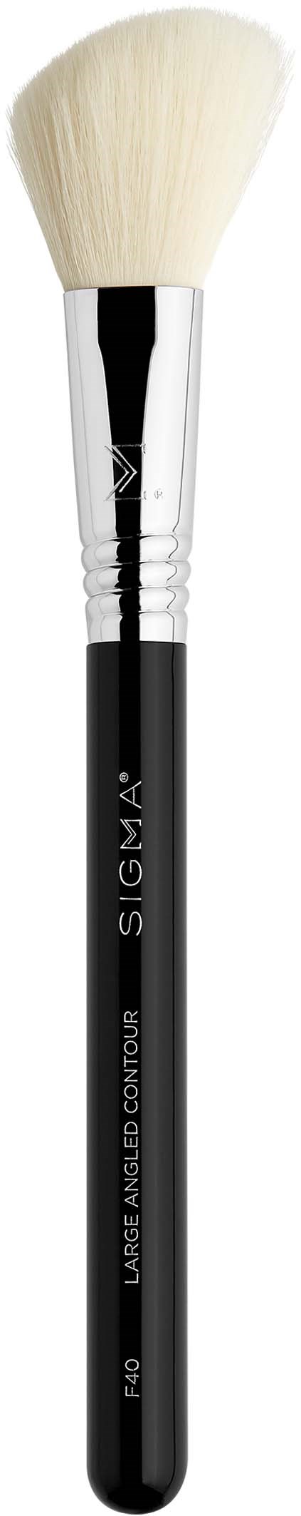 A makeup brush with a black handle, silver ferrule, and soft white bristles.