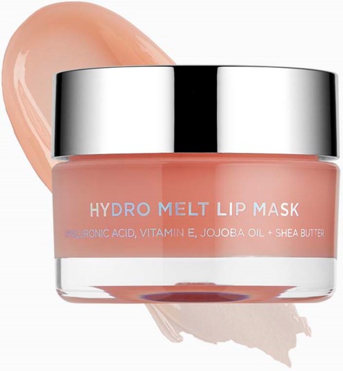 A small jar of lip mask with a metallic lid, pink product, and a smear of product behind it.