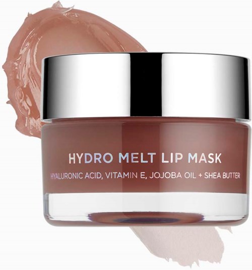 Ett glas Hydro Melt Lip Mask med ingredienser som hyaluronsyra, vitamin E, jojobaolja och sheasmör.