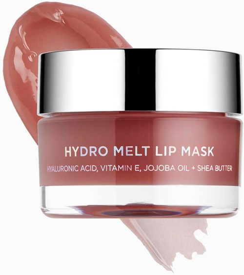 Hydro Melt Lip Mask-kruka med en rosa-liknande läppglanssmeta bakom den.