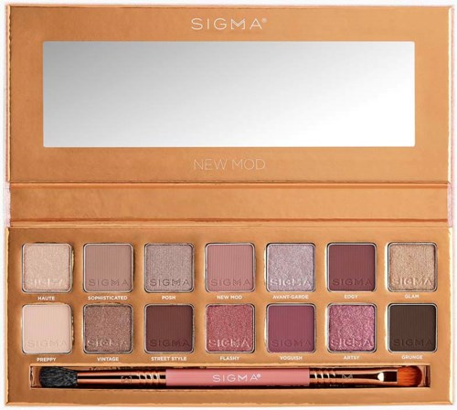 Een make-up pallet met tien oogschaduw tinten en een kwast, gelabeld 'Sigma New Mod', in een oranje doos.