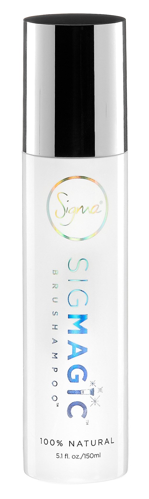 Een witte fles met een zilveren dop met label 'Sigr! Magic' voor haarshampoo. Het zegt '100% natuurlijk' en bevat 150 ml.