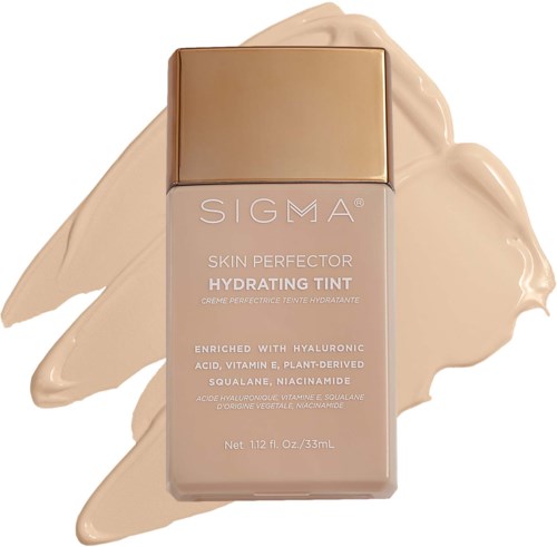 A beige compact bottle of Sigma Skin Perfector Hydrating Tint with swatch behind it.