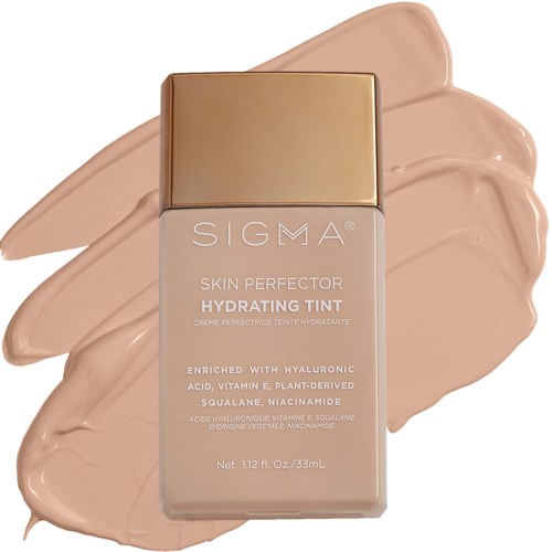 Sigma Skin Perfecto Hydrating Tint -pullo, jossa vaalean beigen väristä nestettä ympärillä.