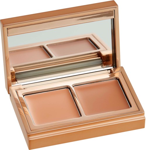 En sminkpall med två nyanser av rouge eller bronzer, innesluten i ett glänsande kopparfärgat fodral med en spegel inuti.