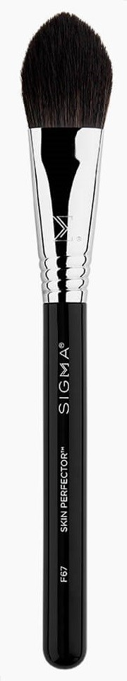 A black and white makeup brush with soft bristles and a sleek handle, labeled Sigma.