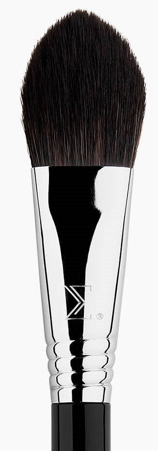 A makeup brush with black bristles and a shiny silver handle.