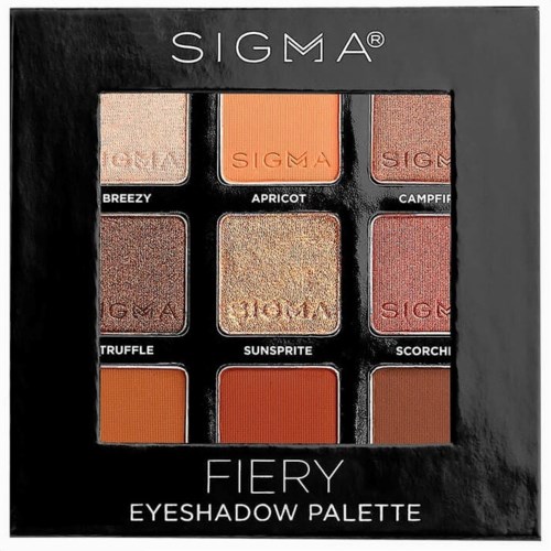 Nine eyeshadow colors in a black box with a clear window, named Sigma Fiery Eyeshadow Palette.