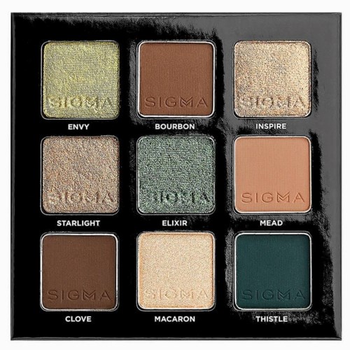 A nine-shade eyeshadow palette with colors named Envy, Bourbon, Inspire, Stardust, Elixir, Mead, Clove, Macaron, Thistle.