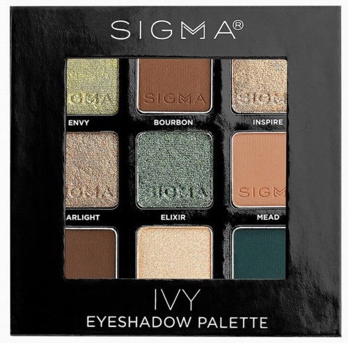 A makeup palette with nine multicolored eyeshadows in a black box. Names like Envy and Inspire are on it.