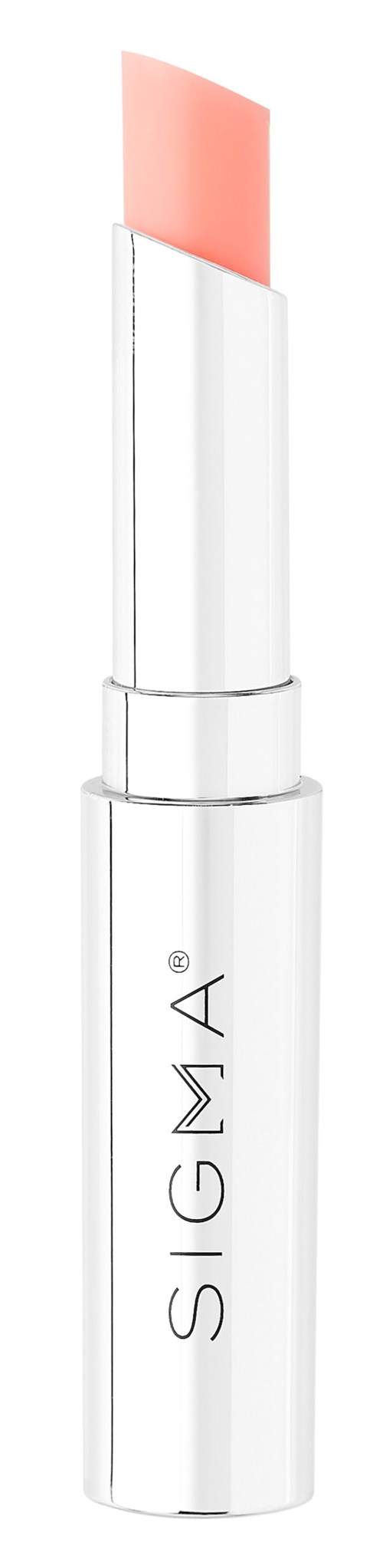 Een witte lipstickhuls met 'SIGMA' erop, met een lichtroze lipstick erin.