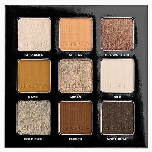 An eyeshadow palette with nine different shades, including light, dark, matte, and shimmery colors.