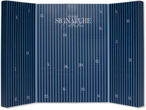Blårandig adventskalender med numrerade fack från 1 till 24.