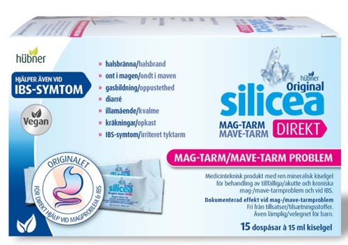 Pakkaus Silicea-lääkettä vatsan ja ruoansulatusongelmiin, sisältää 15 pastilleja, vegaaninen.