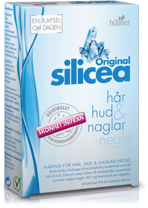 Låda med Silicea-kapslar för hår, hud, naglar och naglar, med en rosa etikett som säger "Skönhet inifrån."