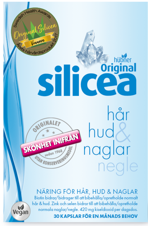 Etikett för ett kosttillskott för hår, hud och naglar med vegansk godkännande, som betonar naturliga ursprung och hälsofördelar.