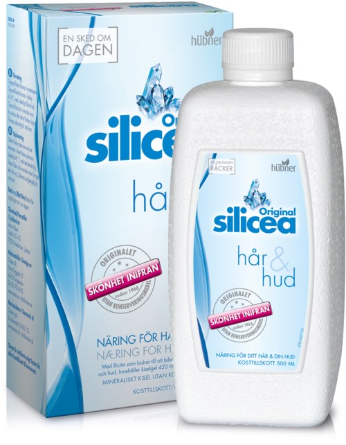 Een witte fles Silicea haar- en huidsupplement, met een doos op de achtergrond, met blauwe en roze labels.