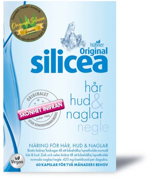 En blå förpackning med silica gel kapslar för hår, hud och naglar, med naturliga ingredienser och veganskt märke.