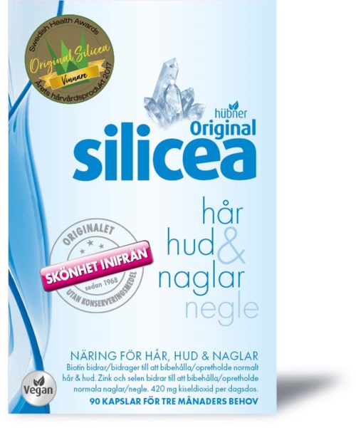 Dit is een doosje Silicea, voedingssupplement voor haar, huid en nagels, met biotine en andere voedingsstoffen, veganistisch, met 90 capsules.