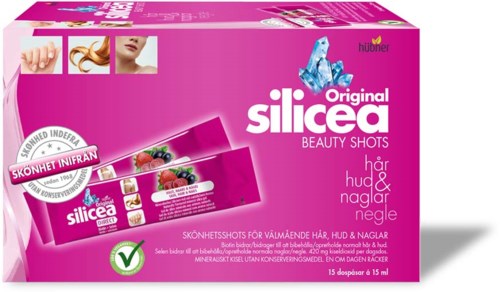 Rosa box med Silicea beauty shots för hår, hud och naglar, med bild av en kvinna och bär.
