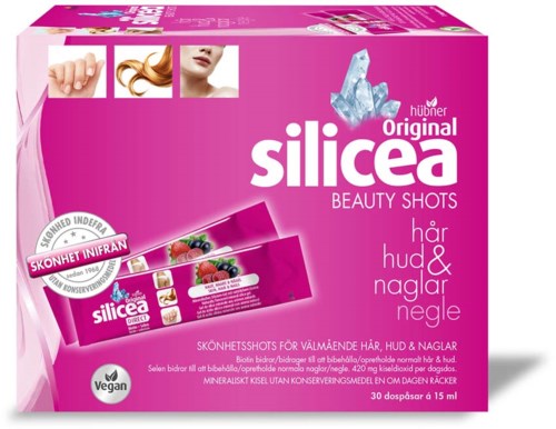 Pink box with images of hair and berries, logo, and text about beauty shots for hair, skin, and nails.