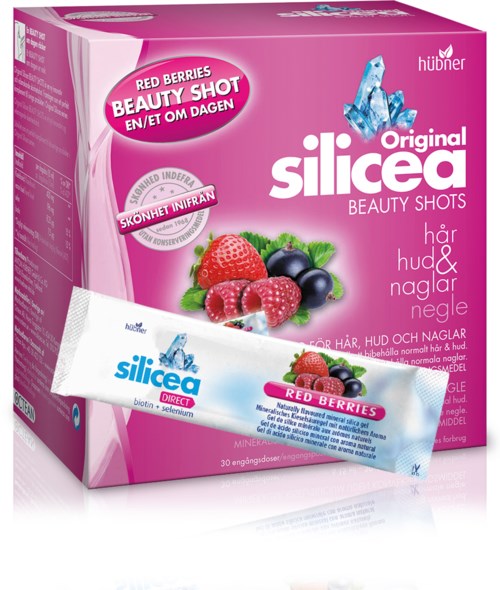 Pink box with berries, text about beauty shots, and a small packet in front. It relates to hair, skin, and nails.