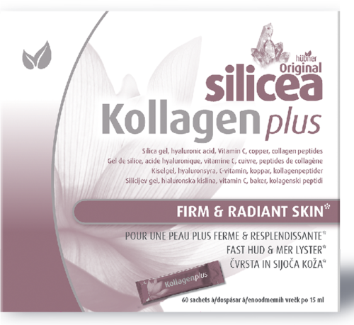 En låda med kollagen plus gel för fast och strålande hud, med ingredienser som hyaluronsyra, vitaminer och peptider, i 60 påsar.