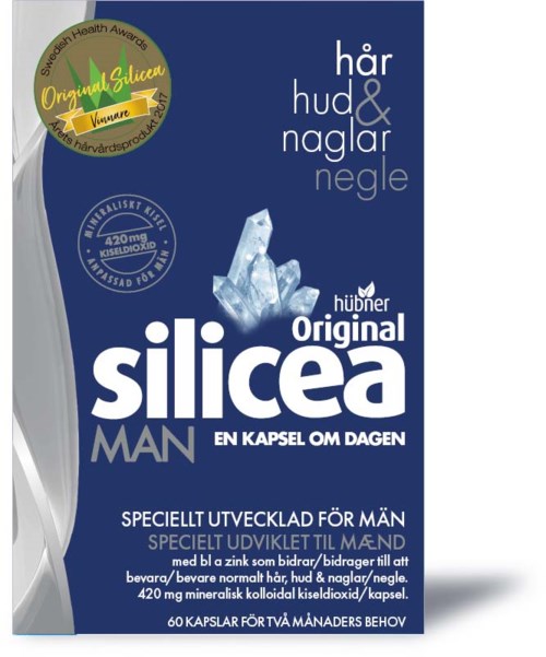 Silicea mannen supplementverpakking in blauw en wit met kristalgrafiek en tekst over gebruik voor mannen.
