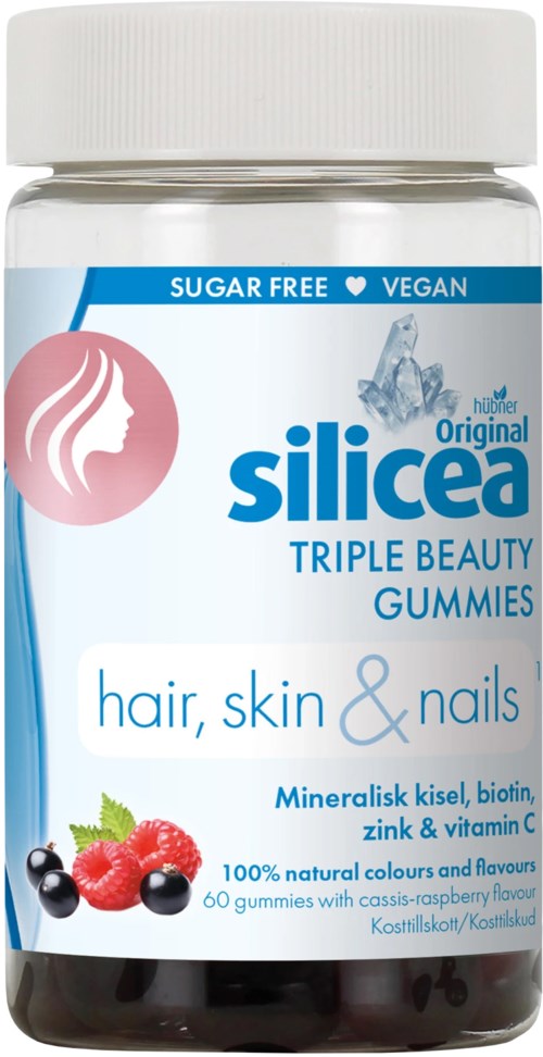 En flaska veganska, sockerfria gummibjörnar för hår, hud och naglar med bild av bär och blå etikett.